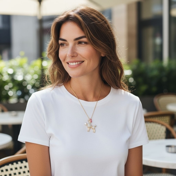 Gold plated pink and white crystal pearl poodle necklace/brooch - Picture 5 of 12